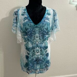 Roz & Ali Blue Floral Lace Blouse